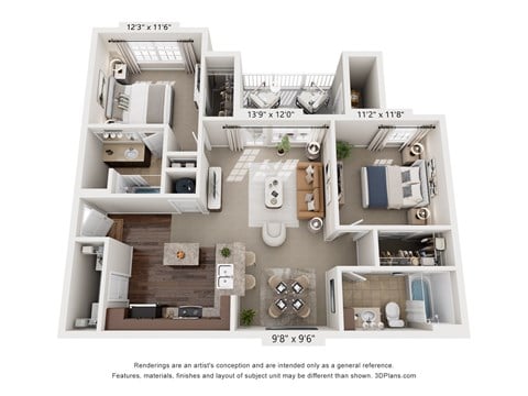 Floor plan for 2 beds, 2 baths, 1024 sqft